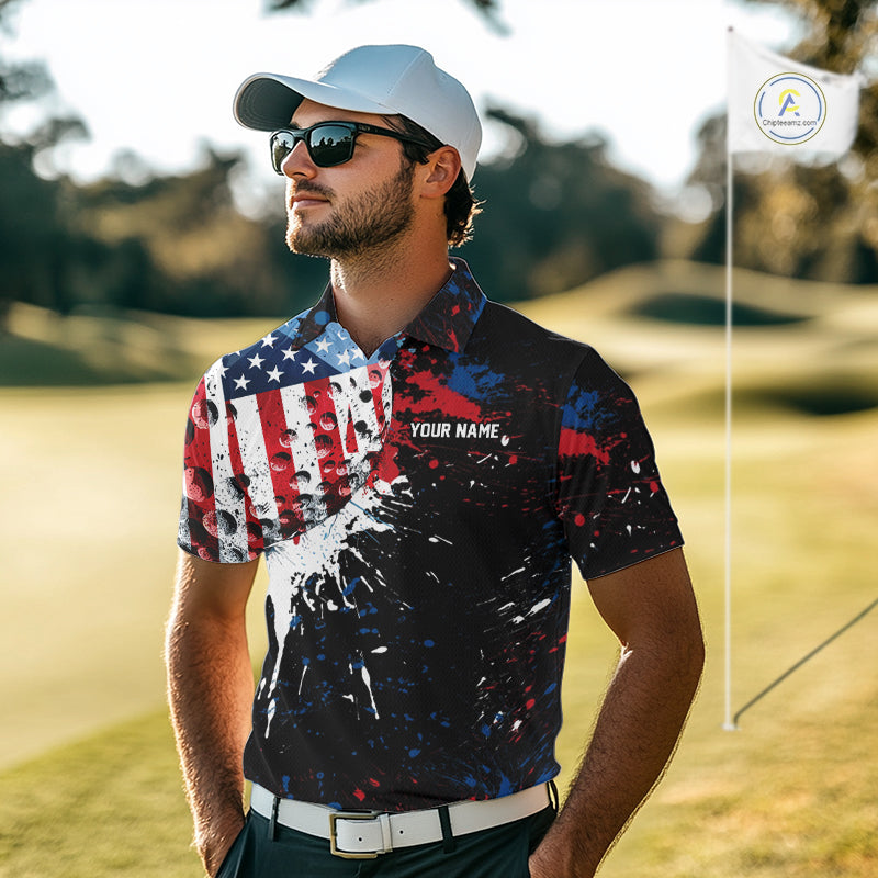 Splatter Golf Ball Personalized Patriot Golf Polo Shirt Custom US Flag Golf Team Gifts
