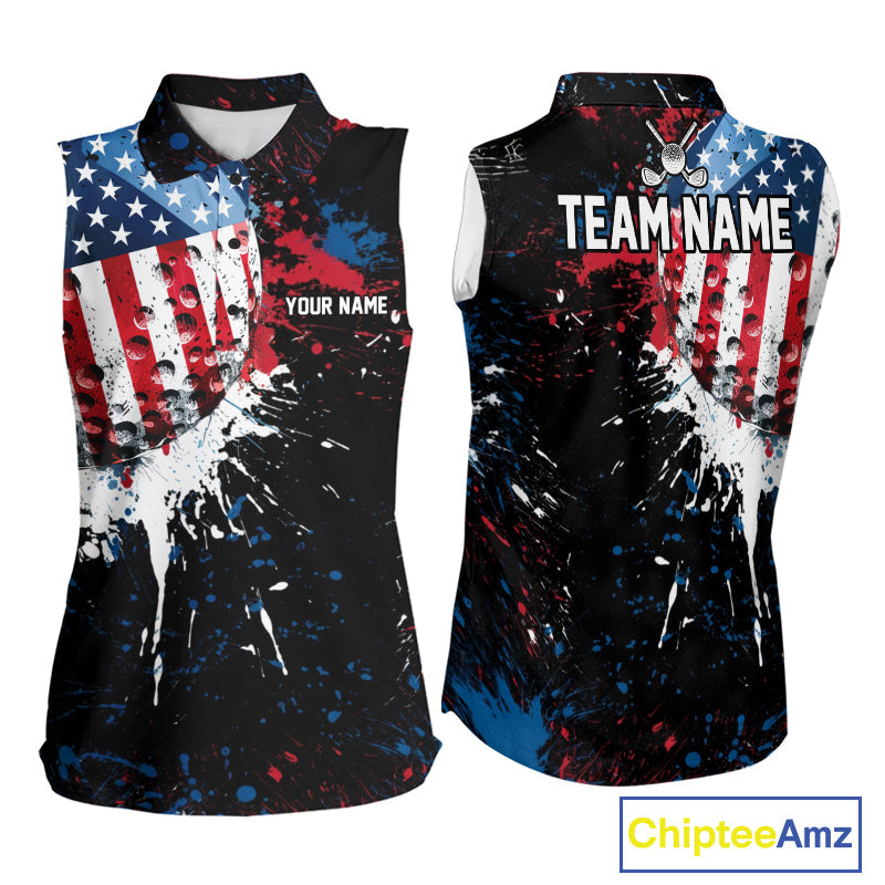 Splatter Golf Ball Personalized Patriot Sleeveless Golf Polo Shirt Custom US Flag Golf Team Gifts