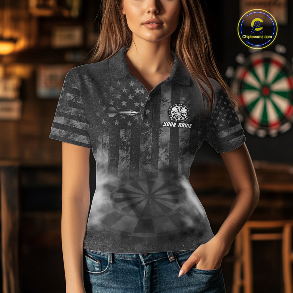 Black Smokes Darts Polo Quarter-Zip Shirts Custom US Flag Patriotic Dart Team Tournament Jersey