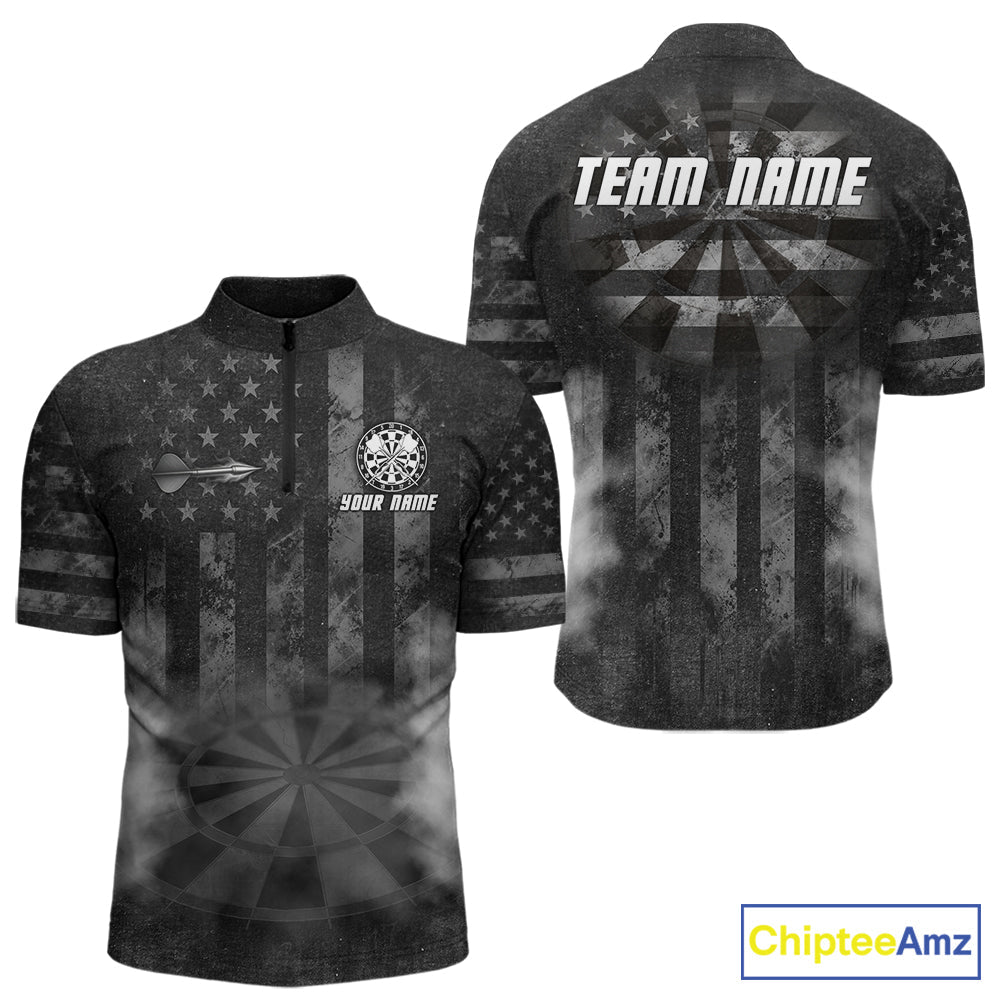 Black Smokes Darts Polo Quarter-Zip Shirts Custom US Flag Patriotic Dart Team Tournament Jersey