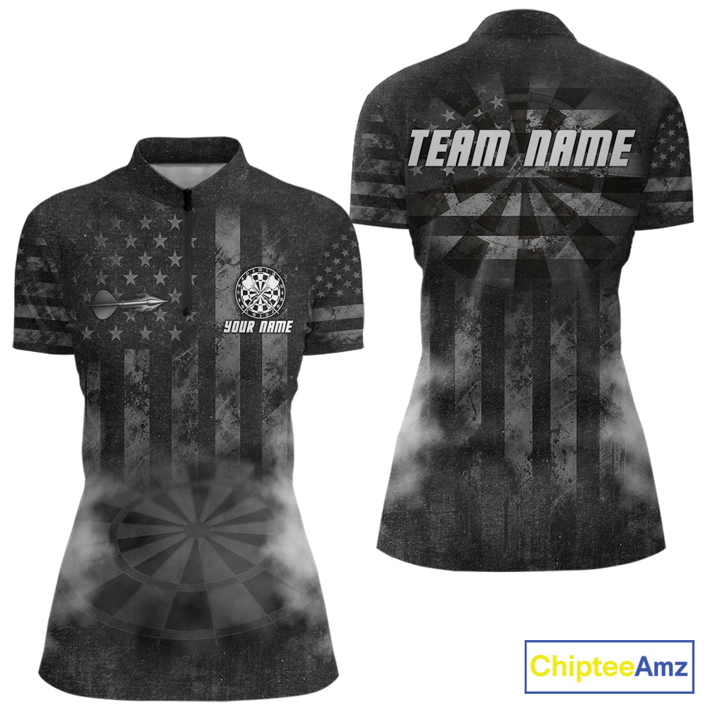 Black Smokes Darts Polo Quarter-Zip Shirts Custom US Flag Patriotic Dart Team Tournament Jersey