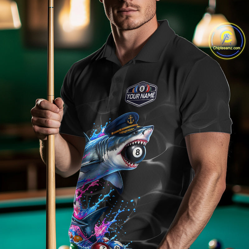 Funny Captain Shark 8 Ball Pool Shirt Custom Billiard Jersey Blue & Pink Splash Billiard Uniform