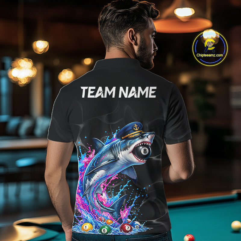 Funny Captain Shark 8 Ball Pool Shirt Custom Billiard Jersey Blue & Pink Splash Billiard Uniform