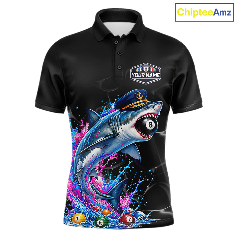 Funny Captain Shark 8 Ball Pool Shirt Custom Billiard Jersey Blue & Pink Splash Billiard Uniform