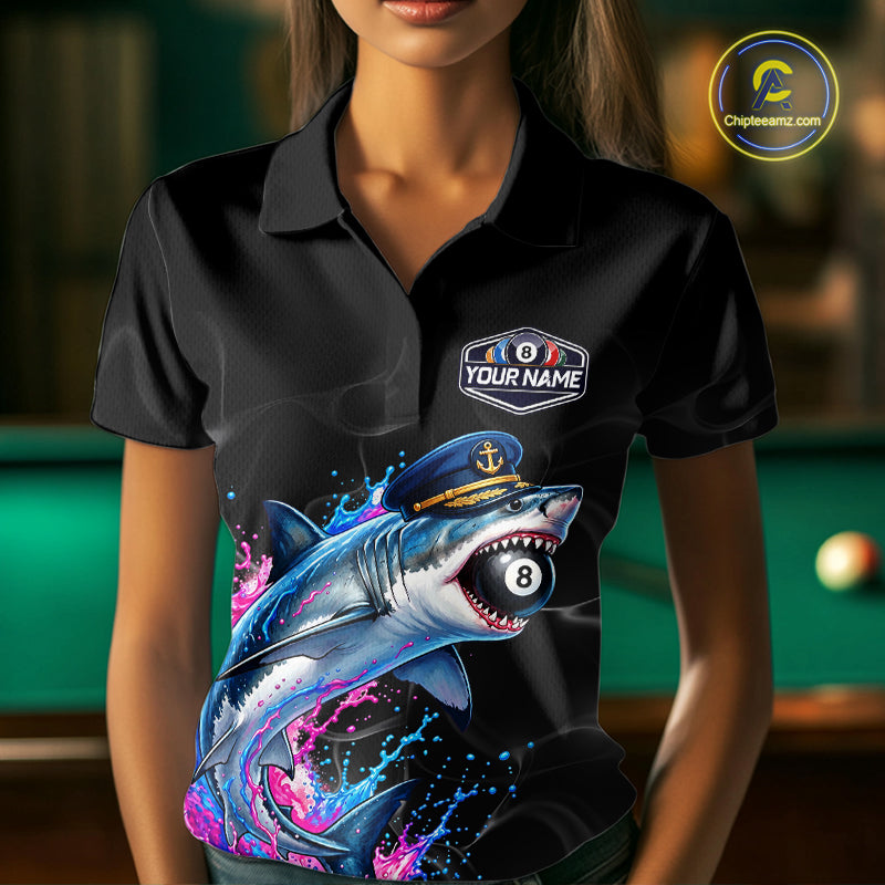 Funny Captain Shark 8 Ball Pool Shirt Custom Billiard Jersey Blue & Pink Splash Billiard Uniform