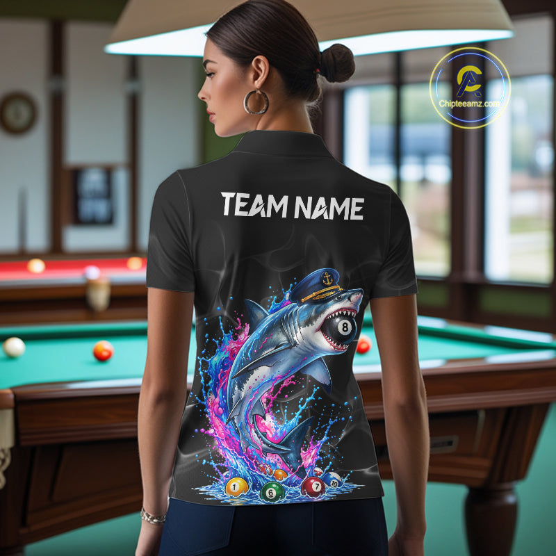 Funny Captain Shark 8 Ball Pool Shirt Custom Billiard Jersey Blue & Pink Splash Billiard Uniform