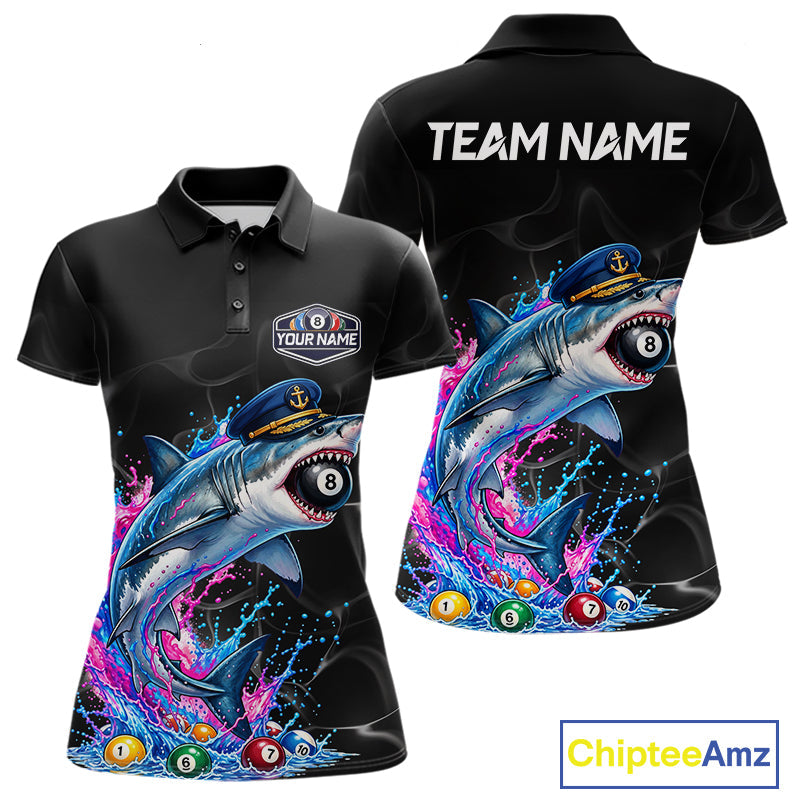 Funny Captain Shark 8 Ball Pool Shirt Custom Billiard Jersey Blue & Pink Splash Billiard Uniform