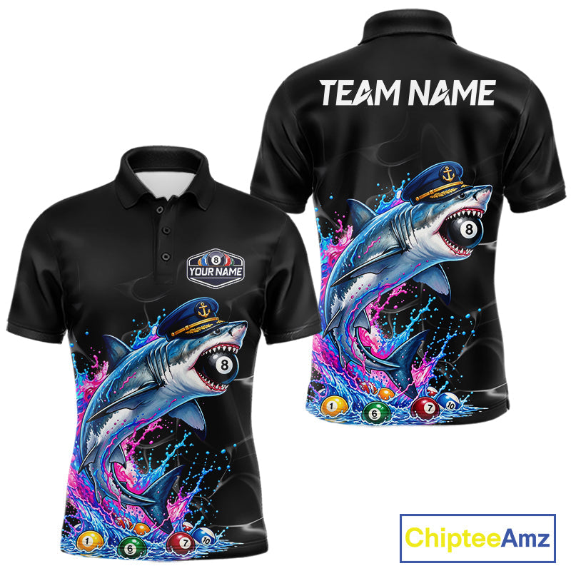 Funny Captain Shark 8 Ball Pool Shirt Custom Billiard Jersey Blue & Pink Splash Billiard Uniform