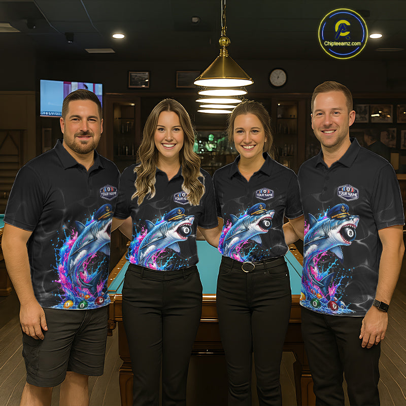 Funny Captain Shark 8 Ball Pool Shirt Custom Billiard Jersey Blue & Pink Splash Billiard Uniform