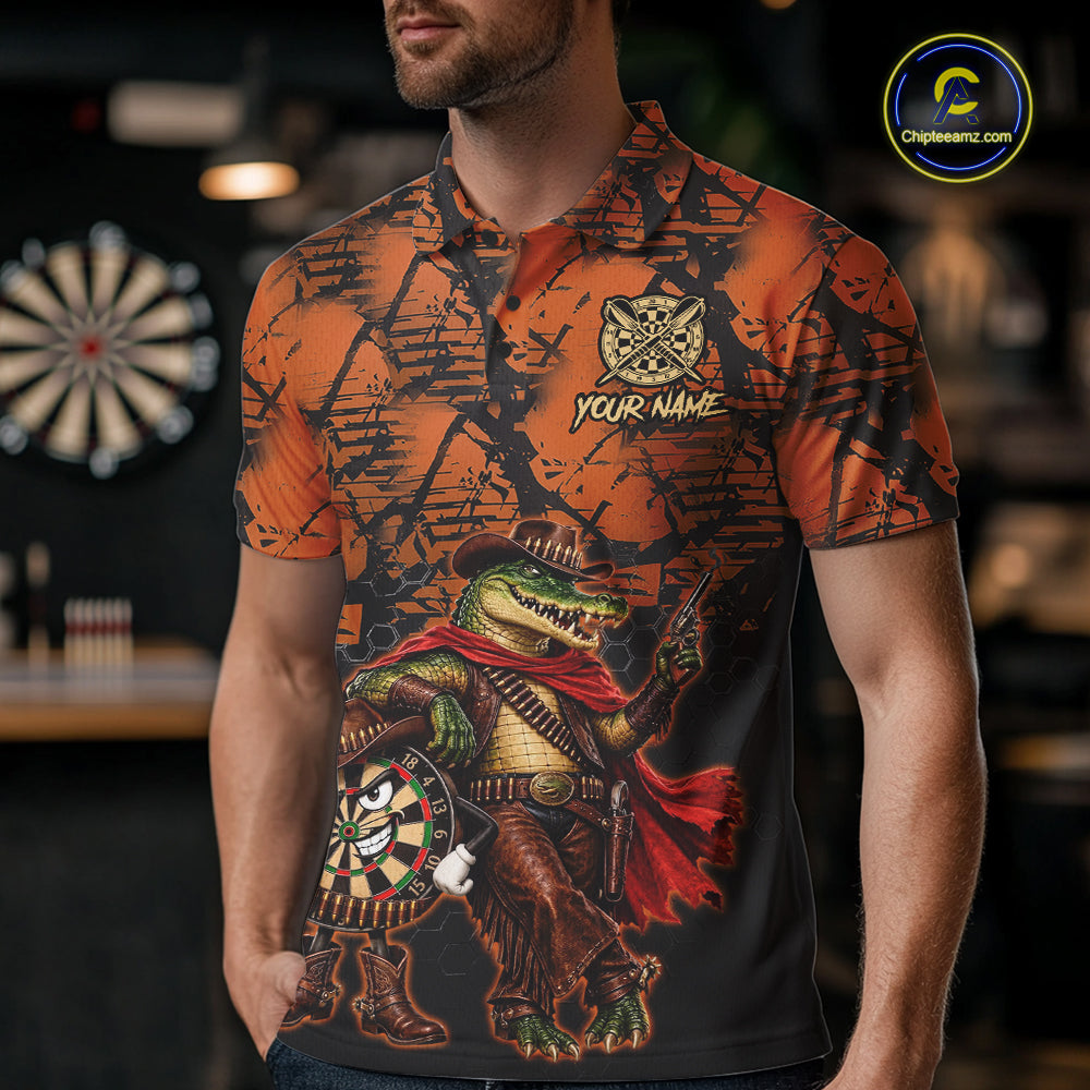 Cowboy Crocodile Funny Darts Polo 1/4-Zip Shirt Custom Name Brown Camo Grunge Darts Team Apparel