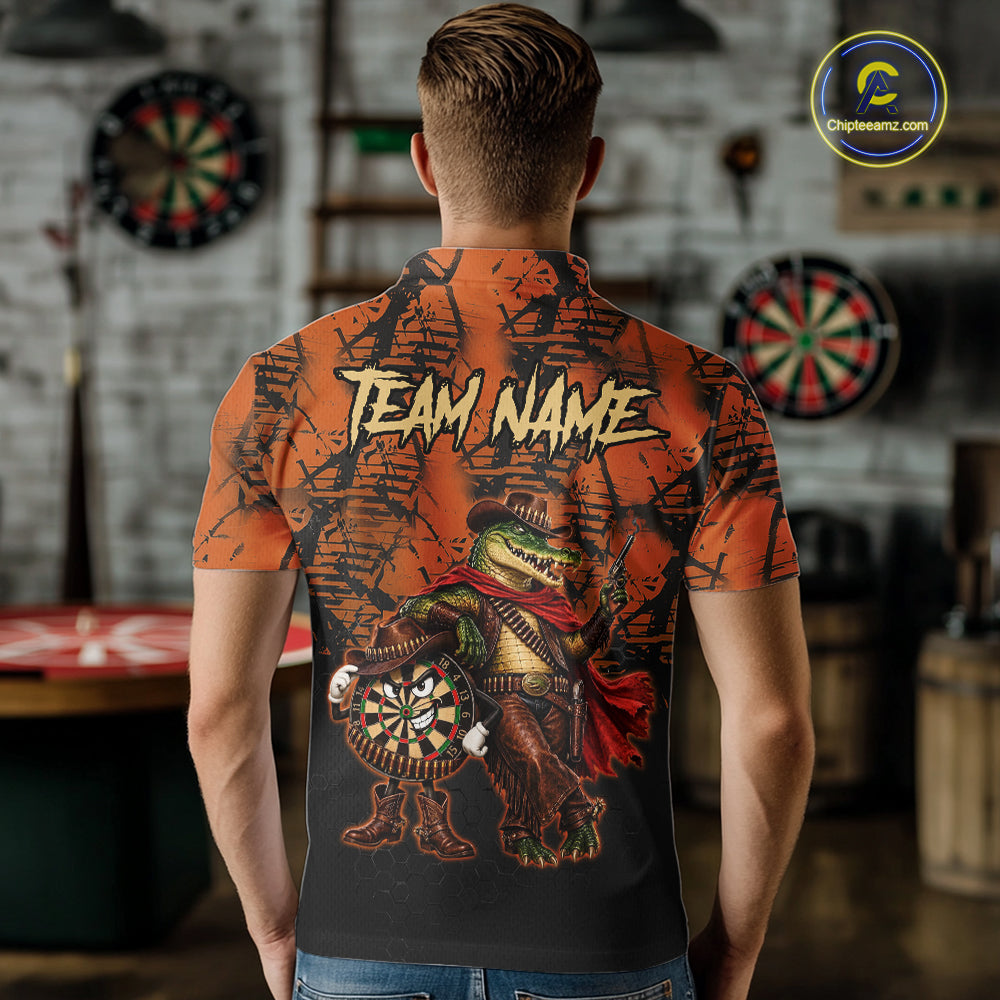 Cowboy Crocodile Funny Darts Polo 1/4-Zip Shirt Custom Name Brown Camo Grunge Darts Team Apparel