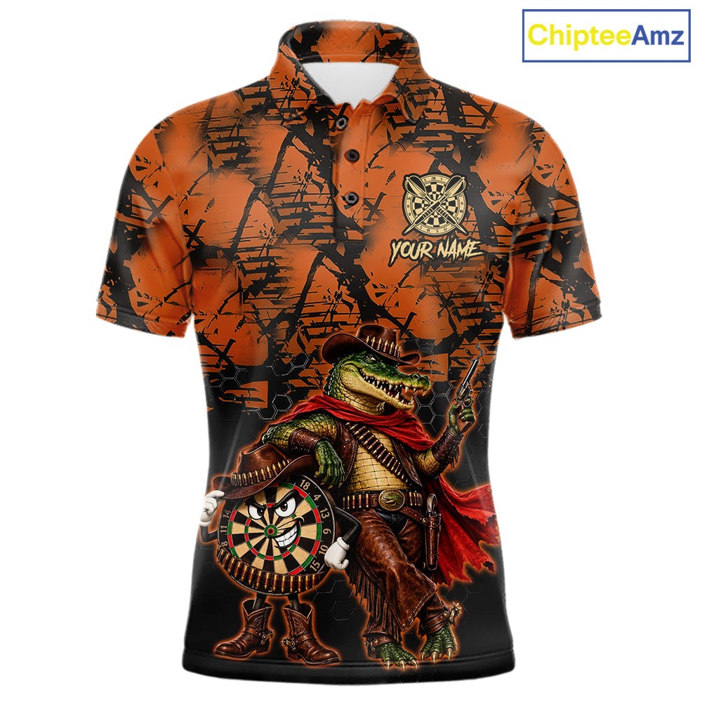 Cowboy Crocodile Funny Darts Polo 1/4-Zip Shirt Custom Name Brown Camo Grunge Darts Team Apparel