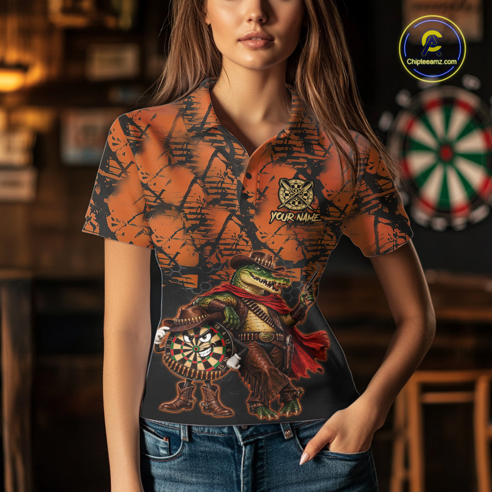 Cowboy Crocodile Funny Darts Polo 1/4-Zip Shirt Custom Name Brown Camo Grunge Darts Team Apparel