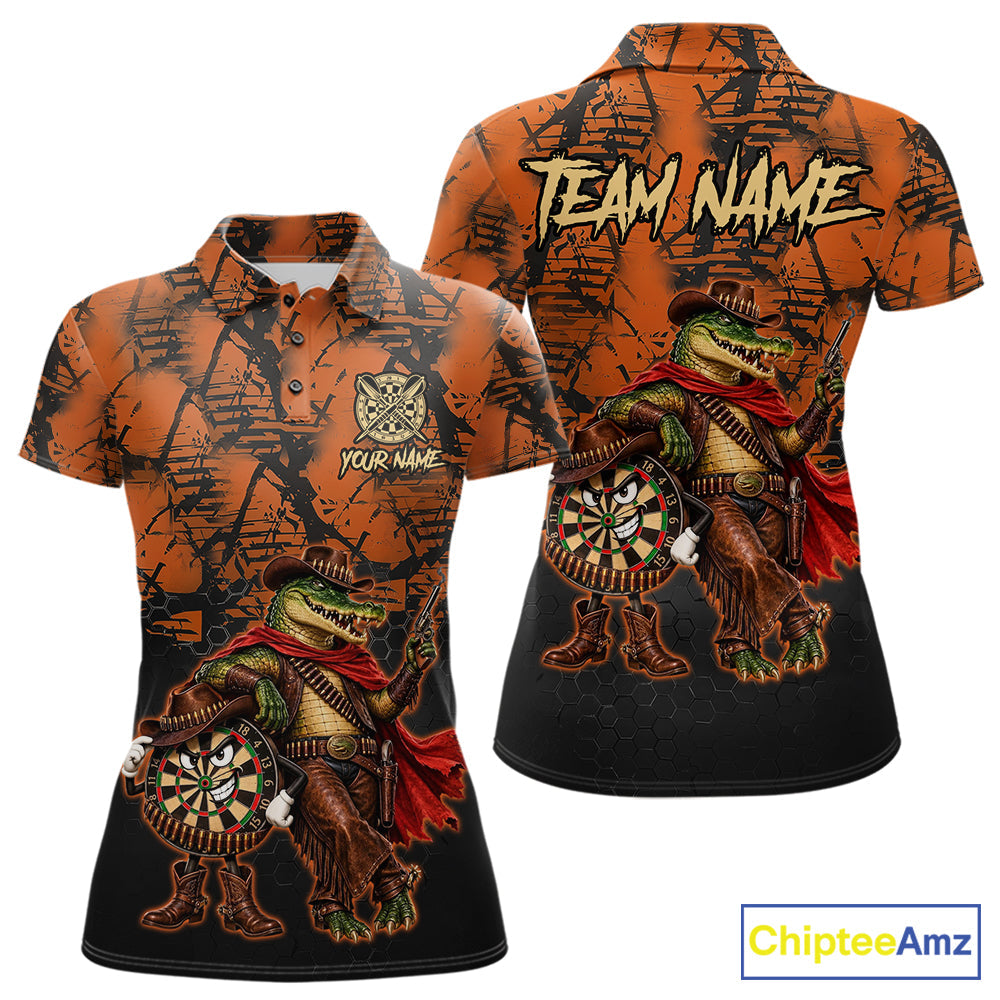 Cowboy Crocodile Funny Darts Polo 1/4-Zip Shirt Custom Name Brown Camo Grunge Darts Team Apparel