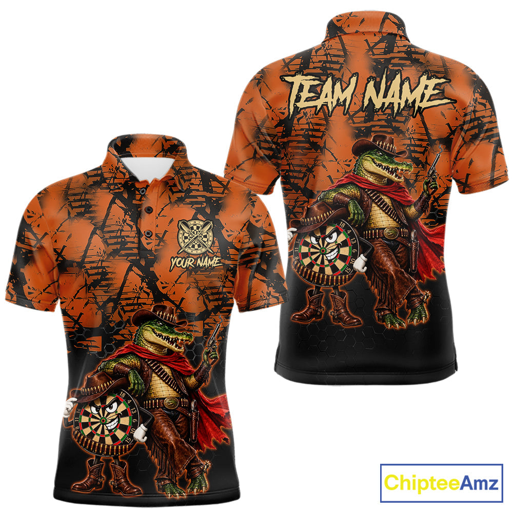 Cowboy Crocodile Funny Darts Polo 1/4-Zip Shirt Custom Name Brown Camo Grunge Darts Team Apparel