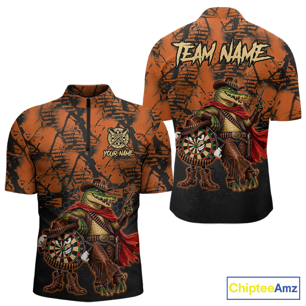 Cowboy Crocodile Funny Darts Polo 1/4-Zip Shirt Custom Name Brown Camo Grunge Darts Team Apparel