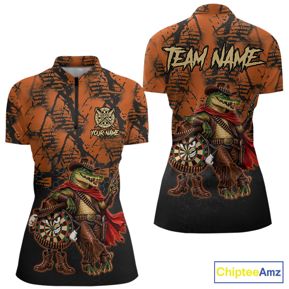 Cowboy Crocodile Funny Darts Polo 1/4-Zip Shirt Custom Name Brown Camo Grunge Darts Team Apparel
