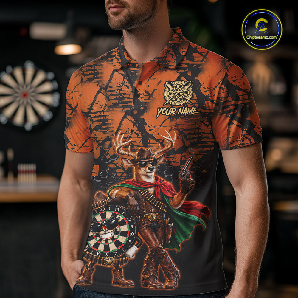 Cowboy Deer Funny Darts Polo 1/4-Zip Shirt Custom Name Brown Camo Grunge Darts Team Apparel