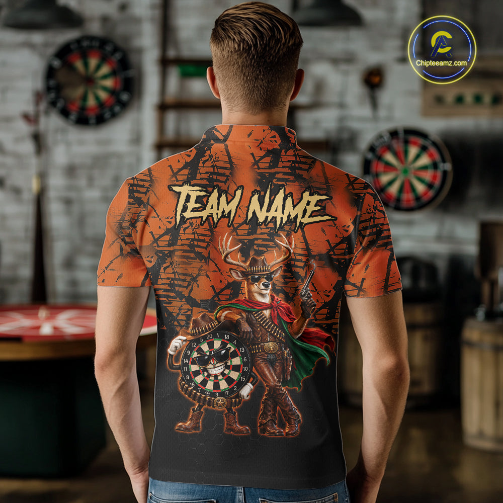 Cowboy Deer Funny Darts Polo 1/4-Zip Shirt Custom Name Brown Camo Grunge Darts Team Apparel