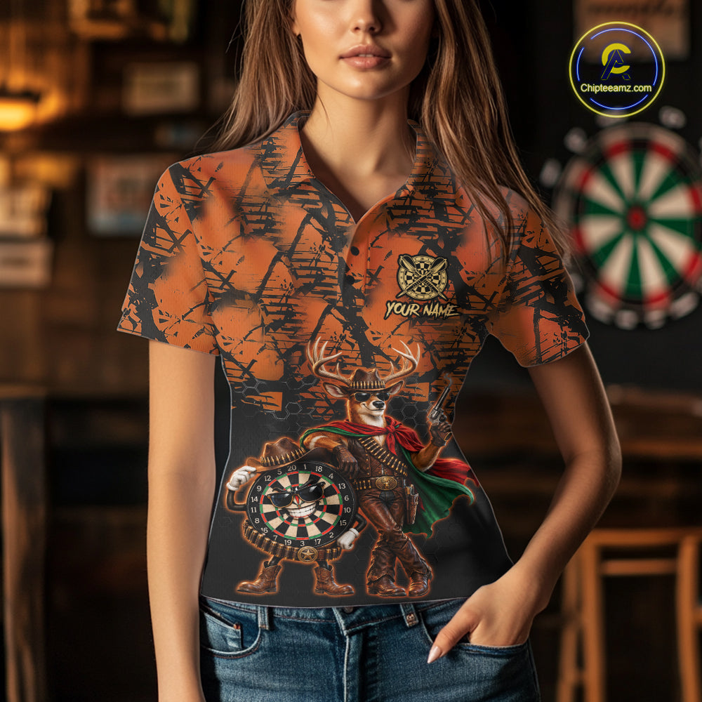 Cowboy Deer Funny Darts Polo 1/4-Zip Shirt Custom Name Brown Camo Grunge Darts Team Apparel