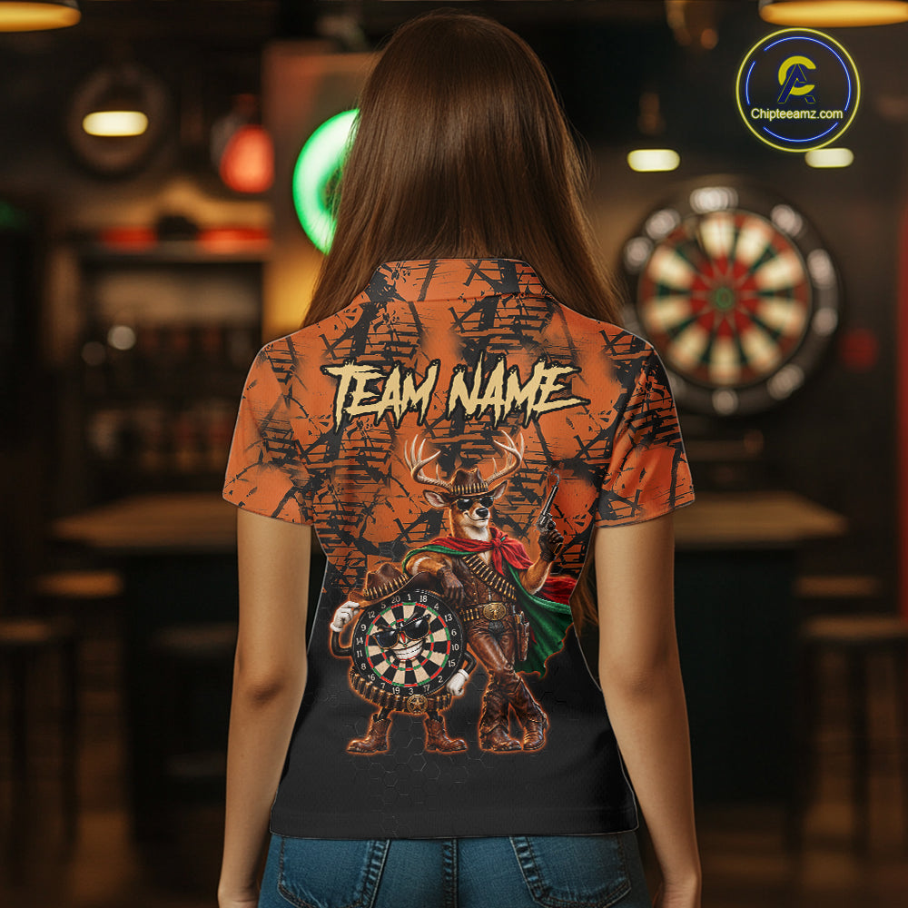 Cowboy Deer Funny Darts Polo 1/4-Zip Shirt Custom Name Brown Camo Grunge Darts Team Apparel