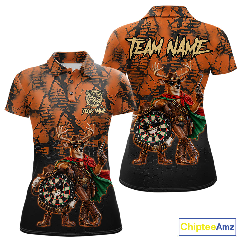 Cowboy Deer Funny Darts Polo 1/4-Zip Shirt Custom Name Brown Camo Grunge Darts Team Apparel