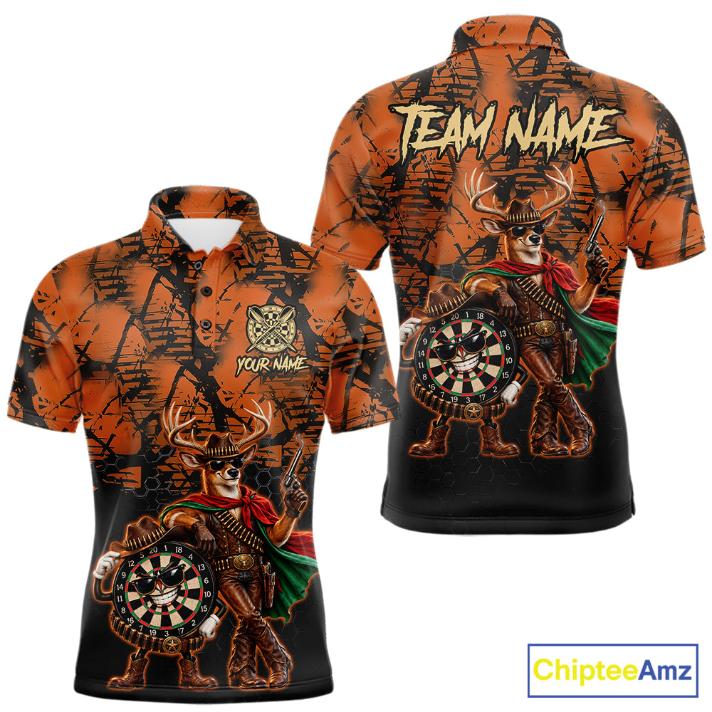 Cowboy Deer Funny Darts Polo 1/4-Zip Shirt Custom Name Brown Camo Grunge Darts Team Apparel