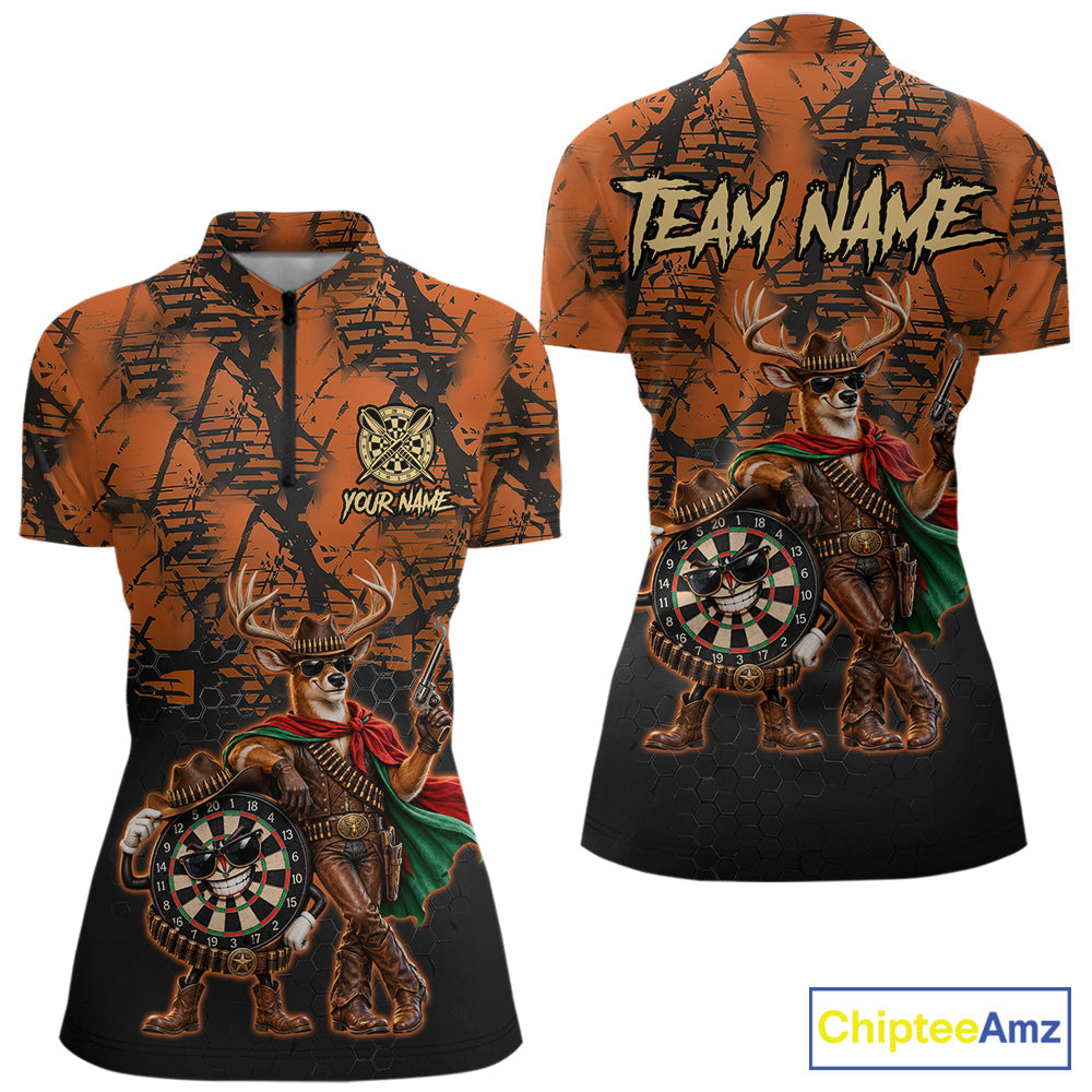 Cowboy Deer Funny Darts Polo 1/4-Zip Shirt Custom Name Brown Camo Grunge Darts Team Apparel