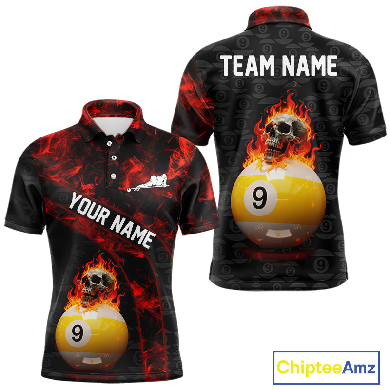 Fire Skull 9 Ball Pool Billiard Team Shirt Custom Red Flames Billiard Ball & Cue Gifts