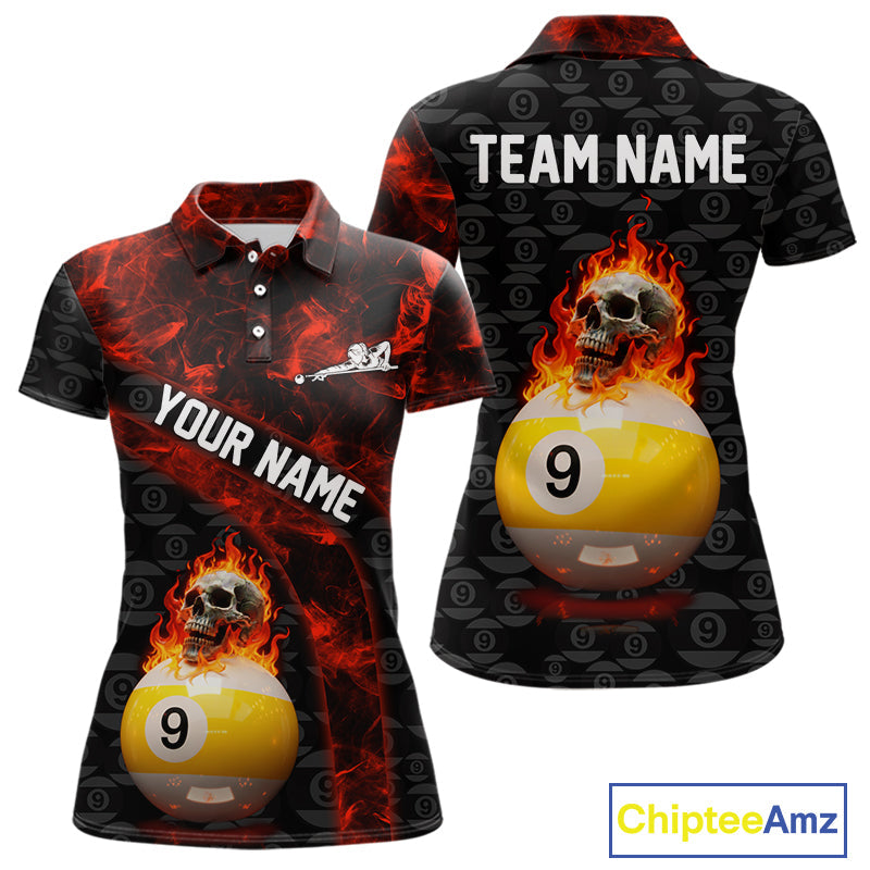 Fire Skull 9 Ball Pool Billiard Team Shirt Custom Red Flames Billiard Ball & Cue Gifts