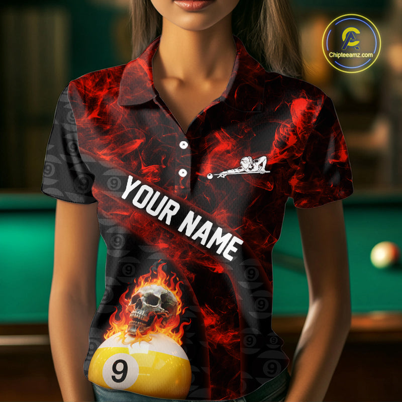 Fire Skull 9 Ball Pool Billiard Team Shirt Custom Red Flames Billiard Ball & Cue Gifts
