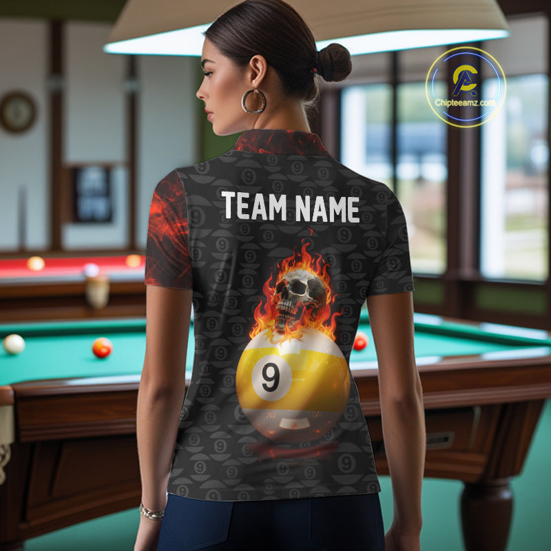 Fire Skull 9 Ball Pool Billiard Team Shirt Custom Red Flames Billiard Ball & Cue Gifts