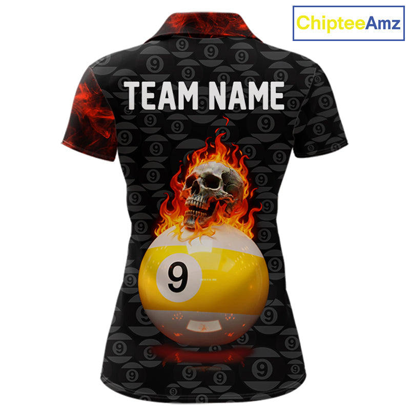 Fire Skull 9 Ball Pool Billiard Team Shirt Custom Red Flames Billiard Ball & Cue Gifts