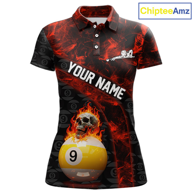Fire Skull 9 Ball Pool Billiard Team Shirt Custom Red Flames Billiard Ball & Cue Gifts