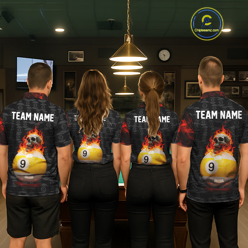 Fire Skull 9 Ball Pool Billiard Team Shirt Custom Red Flames Billiard Ball & Cue Gifts