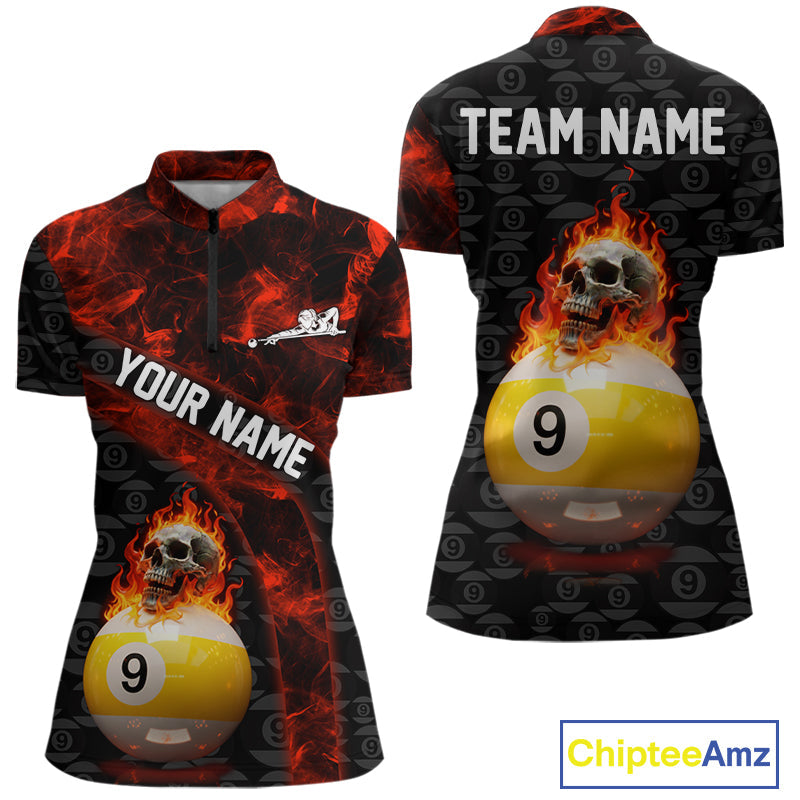 Fire Skull 9 Ball Pool Billiard Team Shirt Custom Red Flames Billiard Ball & Cue Gifts