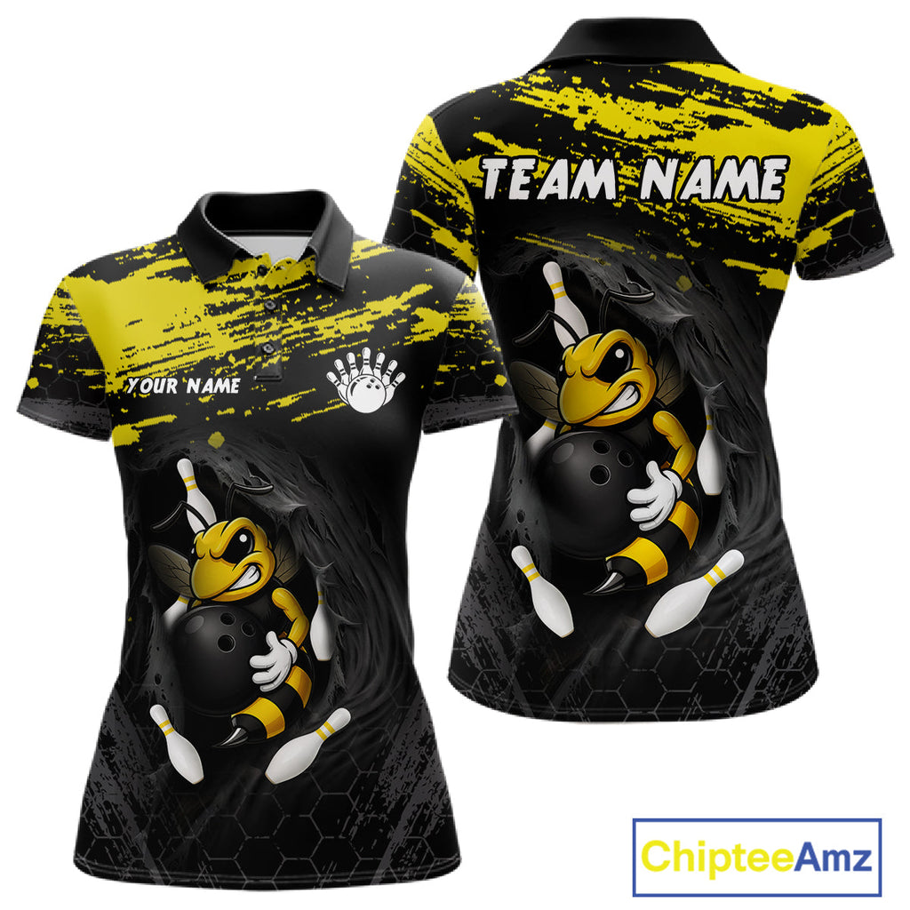 Custom Angry Bee Bowling Shirt Funny Bowling Team League Yellow Grunge Bowling Jersey