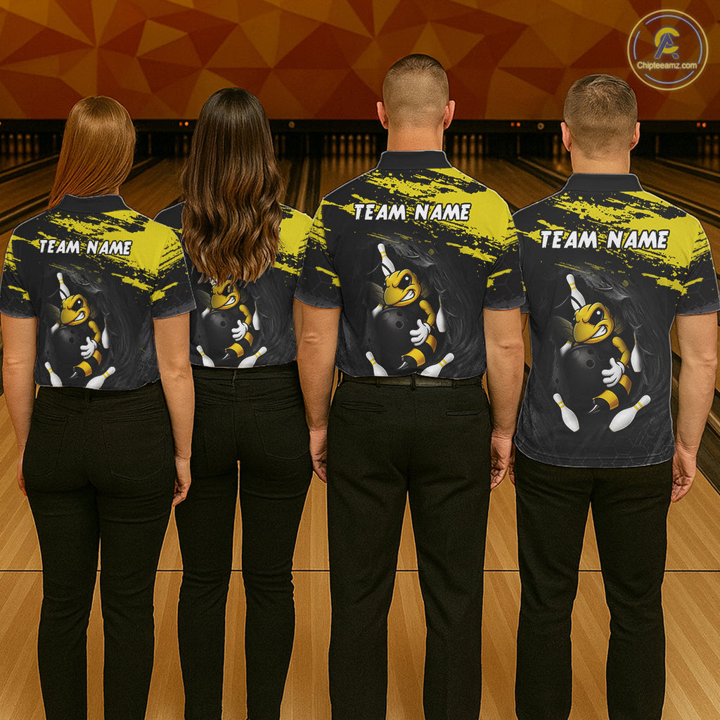 Custom Angry Bee Bowling Shirt Funny Bowling Team League Yellow Grunge Bowling Jersey