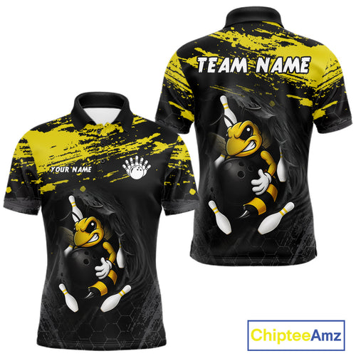 Custom Angry Bee Bowling Shirt Funny Bowling Team League Yellow Grunge Bowling Jersey