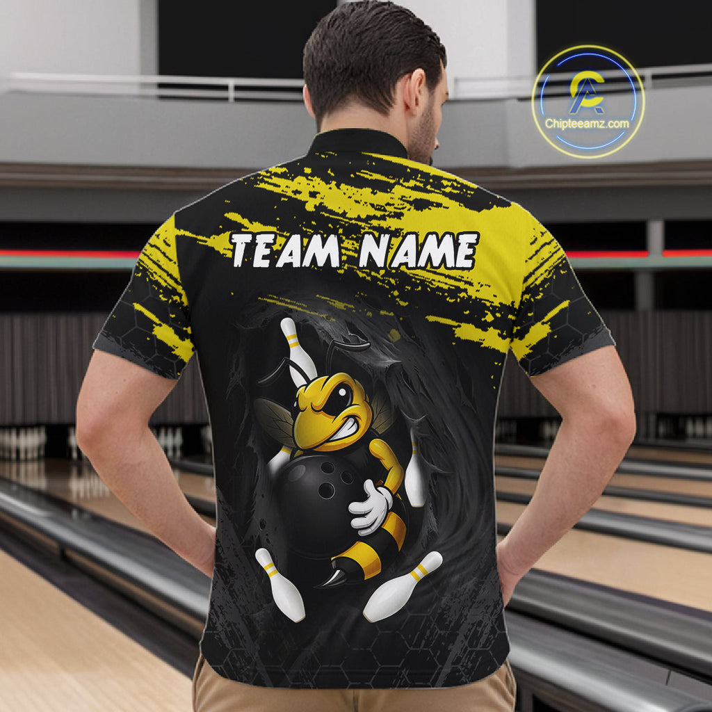 Custom Angry Bee Bowling Shirt Funny Bowling Team League Yellow Grunge Bowling Jersey