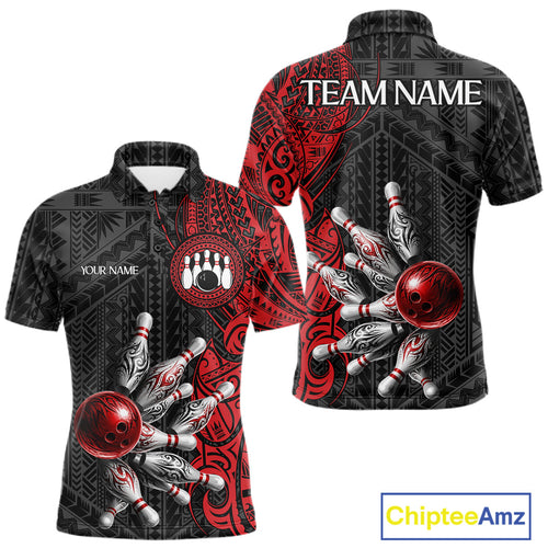 Red And Black Polynesian Tribal Bowling Ball & Pins Shirt Custom Bowling Team Shirts Outfit