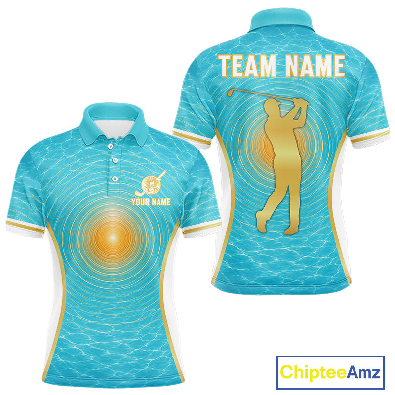 White, Gold And Blue Ocean Golf Polo Shirts Custom Summer Golf Team Jersey, Golf Gifts