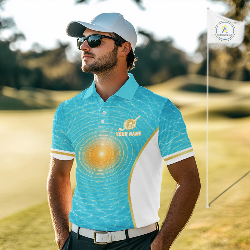 White, Gold And Blue Ocean Golf Polo Shirts Custom Summer Golf Team Jersey, Golf Gifts