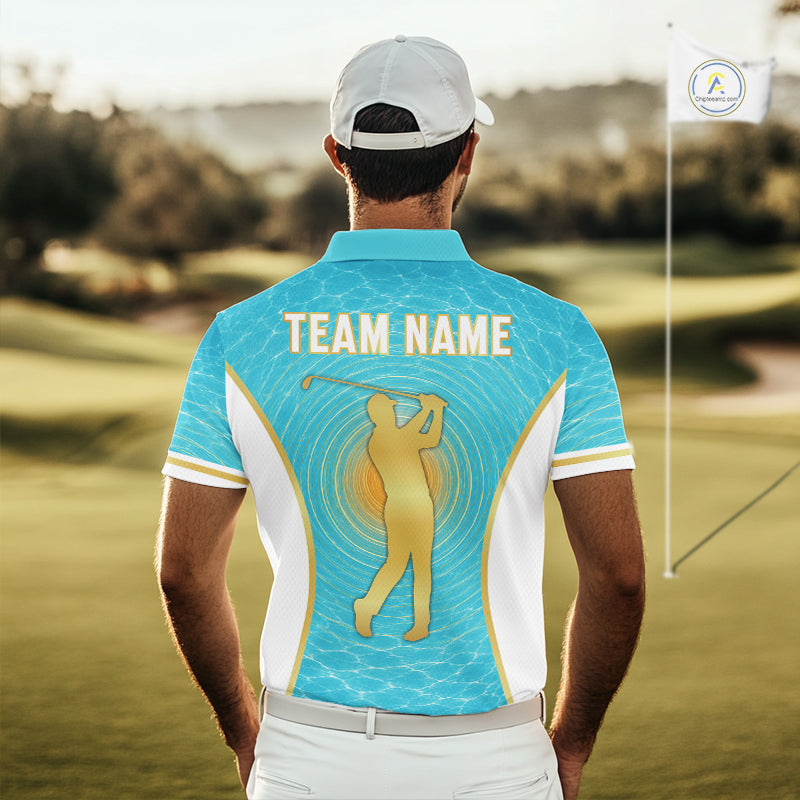 White, Gold And Blue Ocean Golf Polo Shirts Custom Summer Golf Team Jersey, Golf Gifts