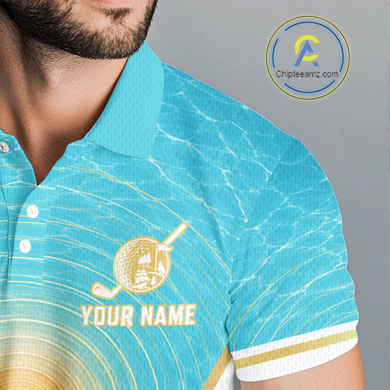 White, Gold And Blue Ocean Golf Polo Shirts Custom Summer Golf Team Jersey, Golf Gifts