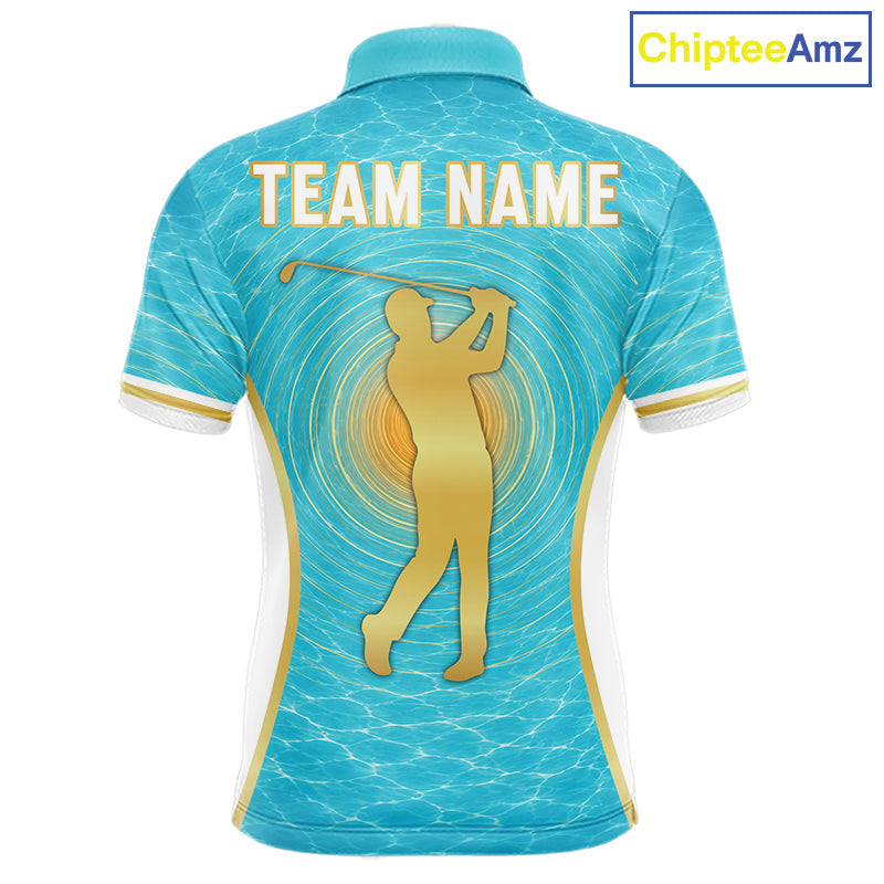White, Gold And Blue Ocean Golf Polo Shirts Custom Summer Golf Team Jersey, Golf Gifts