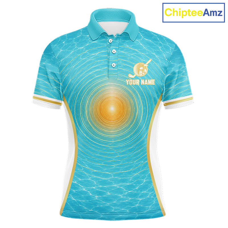 White, Gold And Blue Ocean Golf Polo Shirts Custom Summer Golf Team Jersey, Golf Gifts