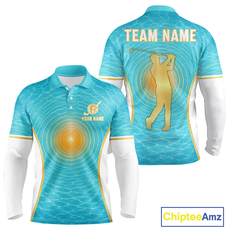 White, Gold And Blue Ocean Golf Polo Shirts Custom Summer Golf Team Jersey, Golf Gifts