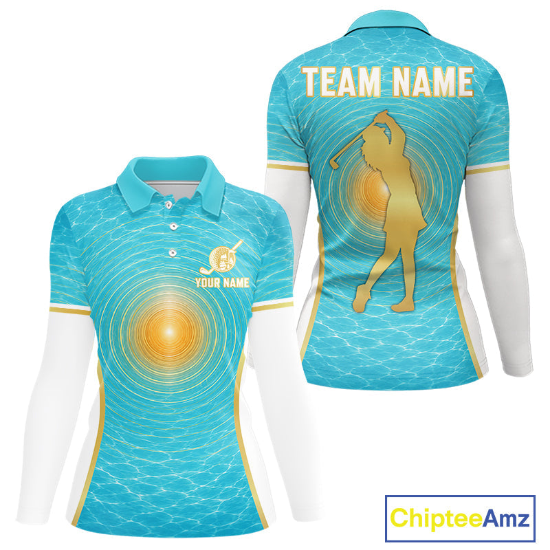 White, Gold And Blue Ocean Golf Polo Shirts Custom Summer Golf Team Jersey, Golf Gifts