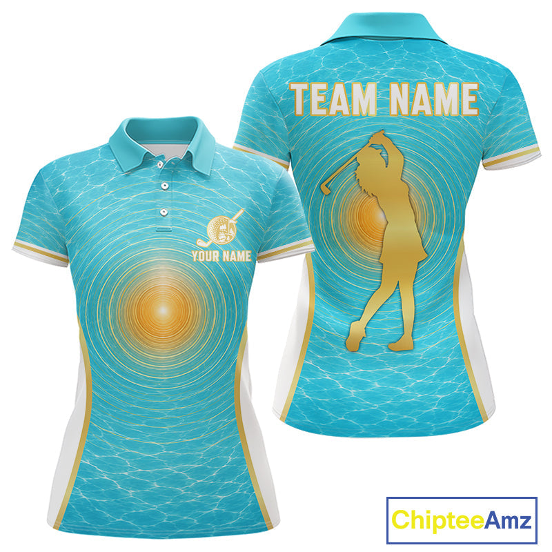 White, Gold And Blue Ocean Golf Polo Shirts Custom Summer Golf Team Jersey, Golf Gifts